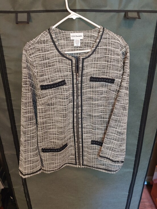 Jackets & Blazers - Women's Black & White Tweed Zip-Front Jacket with Silver Thread Woven Thoughout.